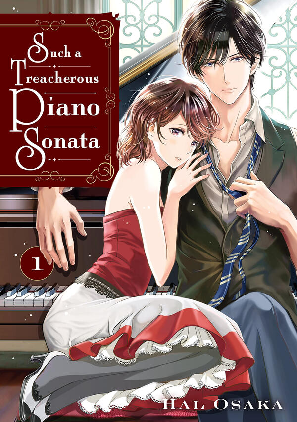 The cover of the first volume of Such a Treacherous Piano Sonata. Kanna, a young woman with short brown hair in a messy bob, is seemingly snuggling up to piano playing prodigy Guy Narisawa.